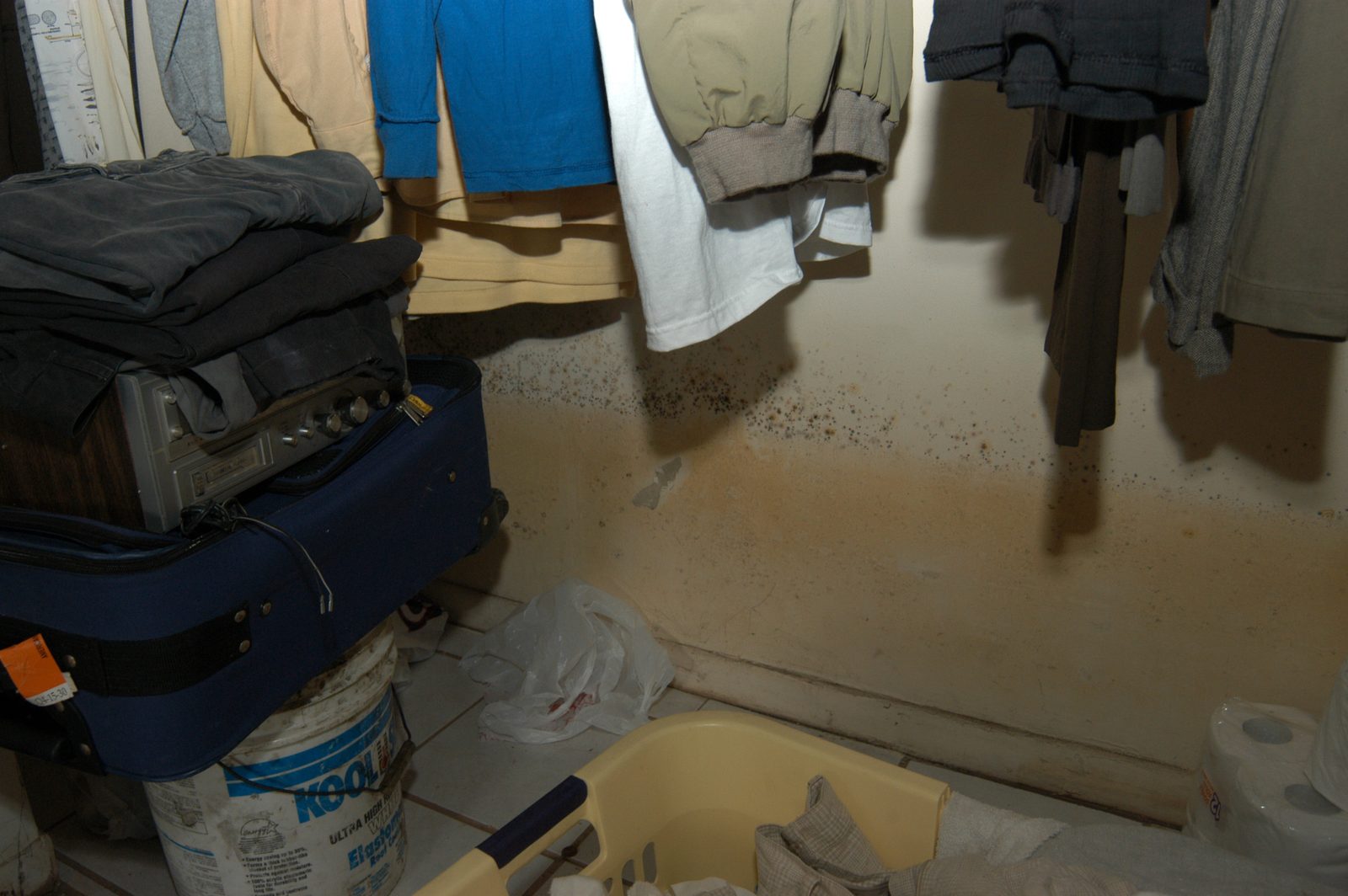 Mold spreading up a closet wall beneath hanging clothes after water sat